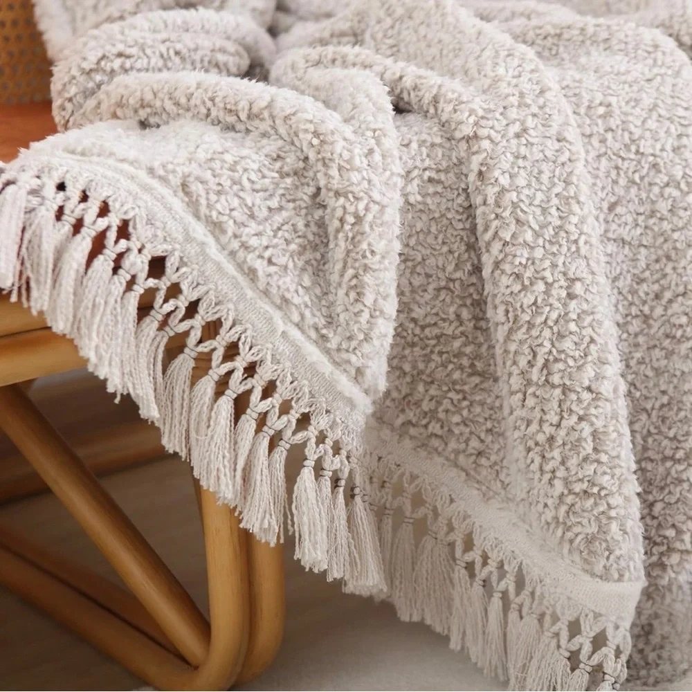 NEW West Elm Beige Sherpa Tassel Fringe Boho Cozy Knit Throw Blanket - 50